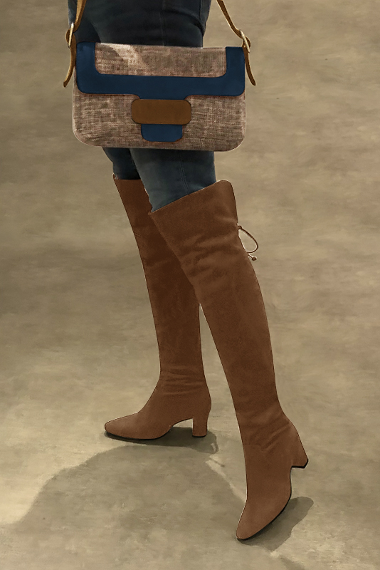 Caramel brown women's leather thigh-high boots. Round toe. Medium block heels. Made to measure. Worn view - Florence KOOIJMAN